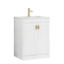 Royal Bathrooms Henley 600mm Gloss White Floor Standing Vanity Unit 2 Door With Undrilled Carrara White Top & Brushed Brass Knob - thumbnail 5