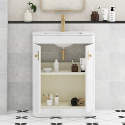 Royal Bathrooms Henley 600mm Gloss White Floor Standing Vanity Unit 2 Door With Undrilled Carrara White Top & Brushed Brass Knob - thumbnail 4