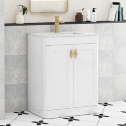 Royal Bathrooms Henley 600mm Gloss White Floor Standing Vanity Unit 2 Door With Undrilled Carrara White Top & Brushed Brass Knob - thumbnail 1