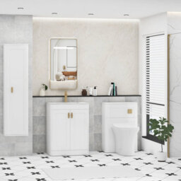 Royal Bathrooms Henley 600mm Gloss White Floor Standing Vanity Unit 2 Door With Undrilled Carrara White Top & Brushed Brass Knob - thumbnail 3