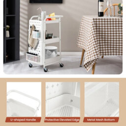 Costway 3-Tier Rolling Serving Cart Metal Storage Trolley W/ 2 Pegboards & Hooks - thumbnail 9