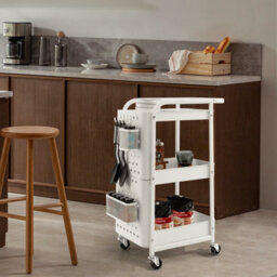 Costway 3-Tier Rolling Serving Cart Metal Storage Trolley W/ 2 Pegboards & Hooks - thumbnail 4