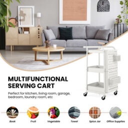 Costway 3-Tier Rolling Serving Cart Metal Storage Trolley W/ 2 Pegboards & Hooks - thumbnail 5