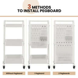 Costway 3-Tier Rolling Serving Cart Metal Storage Trolley W/ 2 Pegboards & Hooks - thumbnail 6