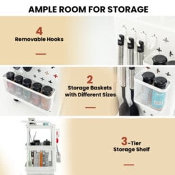 Costway 3-Tier Rolling Serving Cart Metal Storage Trolley W/ 2 Pegboards & Hooks - thumbnail 7
