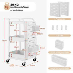 Costway 3-Tier Rolling Serving Cart Metal Storage Trolley W/ 2 Pegboards & Hooks - thumbnail 2