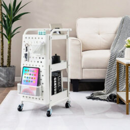 Costway 3-Tier Rolling Serving Cart Metal Storage Trolley W/ 2 Pegboards & Hooks - thumbnail 3