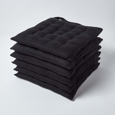 Homescapes Black Seat Pads 100% Cotton Chair Cushions 40X40 Cm, Set Of 6 Plain Chair Pads For Dining, Kitchen Or Garden Outdoor - image 1