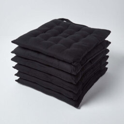 Homescapes Black Seat Pads 100% Cotton Chair Cushions 40X40 Cm, Set Of 6 Plain Chair Pads For Dining, Kitchen Or Garden Outdoor