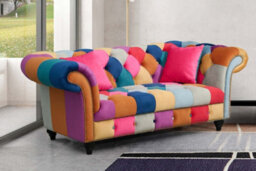 Multicoloured Velvet Patchwork 2 Seater Scroll Arm Chesterfield Sofa - thumbnail 2