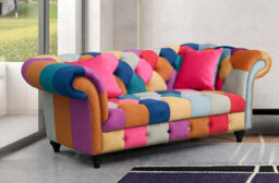 Multicoloured Velvet Patchwork 2 Seater Scroll Arm Chesterfield Sofa - thumbnail 1