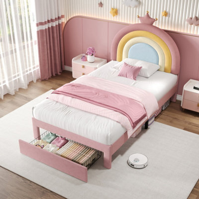 Btm Single Bed 3Ft Upholstered Velvet Frame With Adjustable Rainbow Headboard Storage Drawer Pink No Mattress Easy Assembly