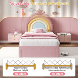 Btm Single Bed 3Ft Upholstered Velvet Frame With Adjustable Rainbow Headboard Storage Drawer Pink No Mattress Easy Assembly - thumbnail 7