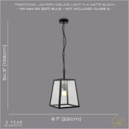 Happy Homewares Classic Lantern Pendant Ceiling Light In Matte Black With Clear Glass Sides - thumbnail 6