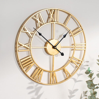OHS Large Wall Clock Roman Numerals Skeleton Big Open Round Face, Gold - image 1
