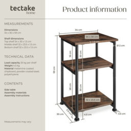 Tectake Bedside Table Memphis - Industrial Style, With 3 Shelves, 34 X 30 X 59 Cm - Industrial Wood Dark, Rustic - thumbnail 6