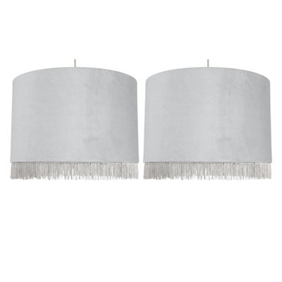 First Choice Lighting Set Of 2 Fringed Silvery Grey 38Cm Fringed Velvet Pendant Shades - image 1