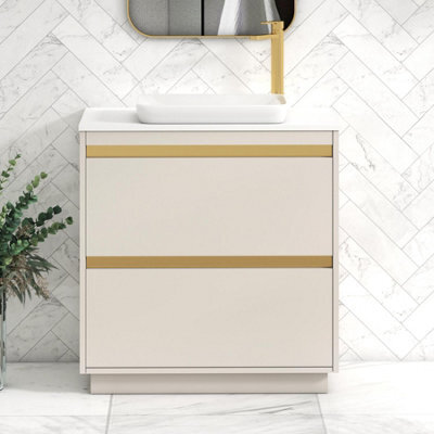 Royal Bathrooms Orion 800mm Warm Taupe Floor Standing Plain White Countertop Vanity Unit 2 Drawer With Qubix Basin & Brushed Brass Accent Trim - image 1