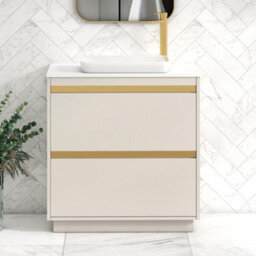 Royal Bathrooms Orion 800mm Warm Taupe Floor Standing Plain White Countertop Vanity Unit 2 Drawer With Qubix Basin & Brushed Brass Accent Trim - thumbnail 2