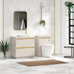 Royal Bathrooms Orion 800mm Warm Taupe Floor Standing Plain White Countertop Vanity Unit 2 Drawer With Qubix Basin & Brushed Brass Accent Trim - thumbnail 3