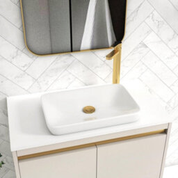 Royal Bathrooms Orion 800mm Warm Taupe Floor Standing Plain White Countertop Vanity Unit 2 Drawer With Qubix Basin & Brushed Brass Accent Trim - thumbnail 5