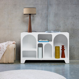 Sweeek - White Wood Effect Several Niches 6 Compartment Organic Sideboard Low Buffet Thessa 120Cm - thumbnail 4