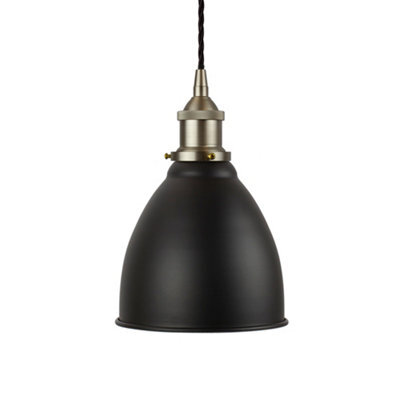 Matt Black Classic Small Pantry Metal Painted Dome Pendant Light With Brushed Chrome Lamp Holder And Black Twisted Cable - Se Home