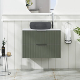 Royal Bathrooms Evora 700mm Sage Green Fluted Wall Hung Countertop Vanity Unit 2 Drawer With Milan Black Basin - thumbnail 1