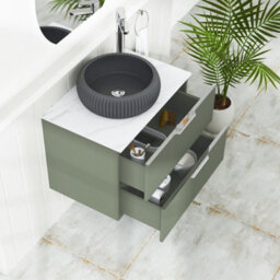 Royal Bathrooms Evora 700mm Sage Green Fluted Wall Hung Countertop Vanity Unit 2 Drawer With Milan Black Basin - thumbnail 3