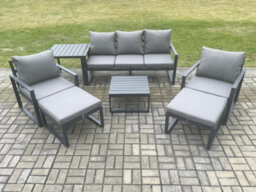 Fimous Aluminium Outdoor Lounge Sofa Set Garden Furniture Sets With Square Coffee Table 2 Chairs Side Table Dark Grey 7 Seater - thumbnail 2