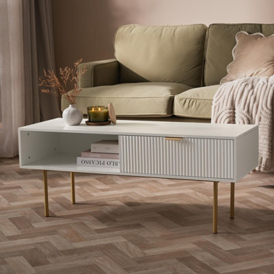 Ohs Ribbed Coffee Table With Drawer Engineered Wood Shelf Storage Home Decor, White - image 1