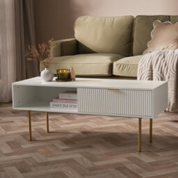 Ohs Ribbed Coffee Table With Drawer Engineered Wood Shelf Storage Home Decor, White - thumbnail 1