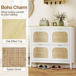 Homcom Boho Slim Shoe Cabinet With Rattan Doors, Holds 20 Pairs, White - thumbnail 4