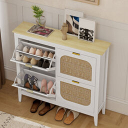 Homcom Boho Slim Shoe Cabinet With Rattan Doors, Holds 20 Pairs, White - thumbnail 8