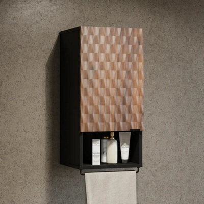 Arte Enzo Floating Bathroom Cabinet 33Cm Black & Oak Catania, Wall-Mounted Slim Storage With Universal Door & Towel Rail - image 1
