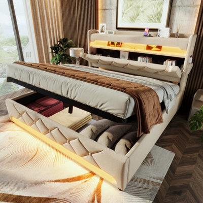 Matteo Super King 6Ft Upholstered Storage Bed Frame With Smart Led Lighting, Usb & Usb-C Charging Headboard, Beige Linen - image 1