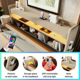 Matteo Super King 6Ft Upholstered Storage Bed Frame With Smart Led Lighting, Usb & Usb-C Charging Headboard, Beige Linen - thumbnail 3