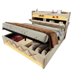 Matteo Super King 6Ft Upholstered Storage Bed Frame With Smart Led Lighting, Usb & Usb-C Charging Headboard, Beige Linen - thumbnail 8