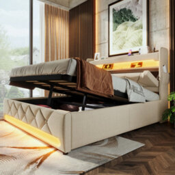 Matteo Super King 6Ft Upholstered Storage Bed Frame With Smart Led Lighting, Usb & Usb-C Charging Headboard, Beige Linen - thumbnail 9