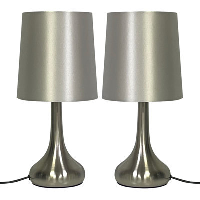 Navilux Pair Of Chrome Teardrop Touch Table Lamp With Silver Faux Silk Shade 4 Stage Dimmable Led Compatible, Bedroom, Living Room - image 1