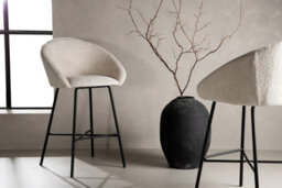 Set Of 2 White Teddy Upholstery Bar Chairs With Black Steel Legs, White Barstools