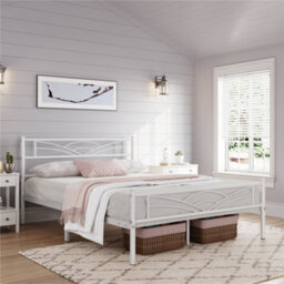 Yaheetech White 4Ft6 Double Metal Bed Frame With Cloud-Inspired Design Headboard - thumbnail 1