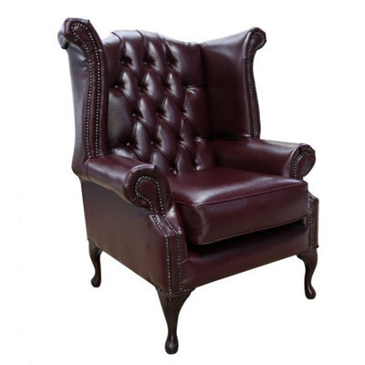 Chesterfield High Back Wing Chair Bonded Burgandy Real Leather Bespoke In Queen Anne Style - image 1