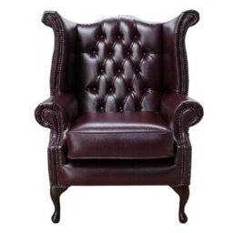 Chesterfield High Back Wing Chair Bonded Burgandy Real Leather Bespoke In Queen Anne Style - thumbnail 2
