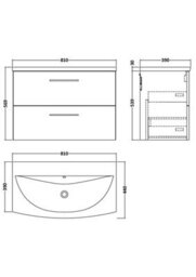 Balterley  Modern Bathroom Wall Hung 2-Drawer Vanity & Curved Basin, Solace Oak, 800mm - thumbnail 2