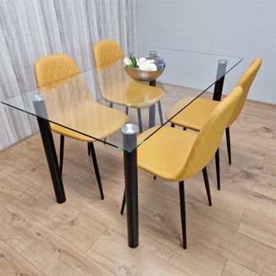 Kosy Koala White Clear Glass Dining Table With 4 Mustard Chairs Dining Room Furniture - image 1