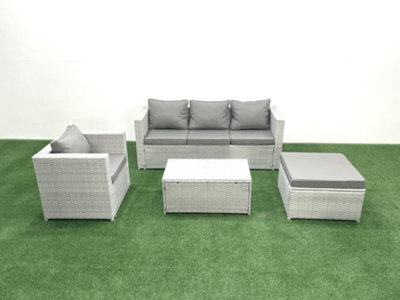 Fimous Rattan Garden Furniture Set 3 Seater Sofa Chair Rectangular Coffee Table Big Stool Light Grey 5 Seater - image 1