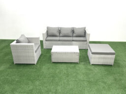 Fimous Rattan Garden Furniture Set 3 Seater Sofa Chair Rectangular Coffee Table Big Stool Light Grey 5 Seater - thumbnail 2