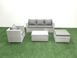 Fimous Rattan Garden Furniture Set 3 Seater Sofa Chair Rectangular Coffee Table Big Stool Light Grey 5 Seater - thumbnail 1