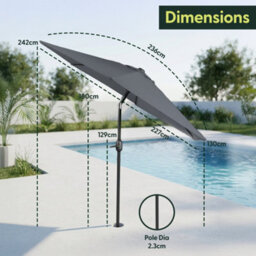 Keplin 2.3M Tilting Parasol Umbrella With Crank & Tilt, Steel Frame Sun Shade With Cover, 180G Uv-Resistant Polyester, Grey - thumbnail 9